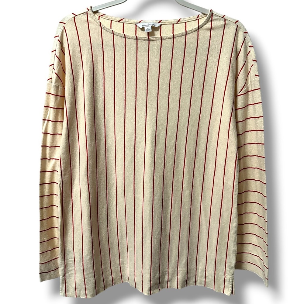 LL Bean Signature Women's S Hemp Cotton Striped Boatneck Top Cream Red Nautical